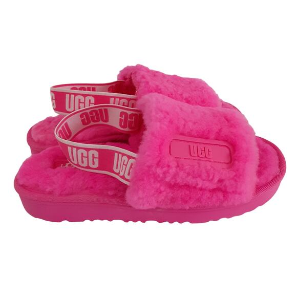 UGG Disco Slide Sandals Girls 3 Neon Taffy Pink Platform Slingback Slipper Teddy - Picture 3 of 8